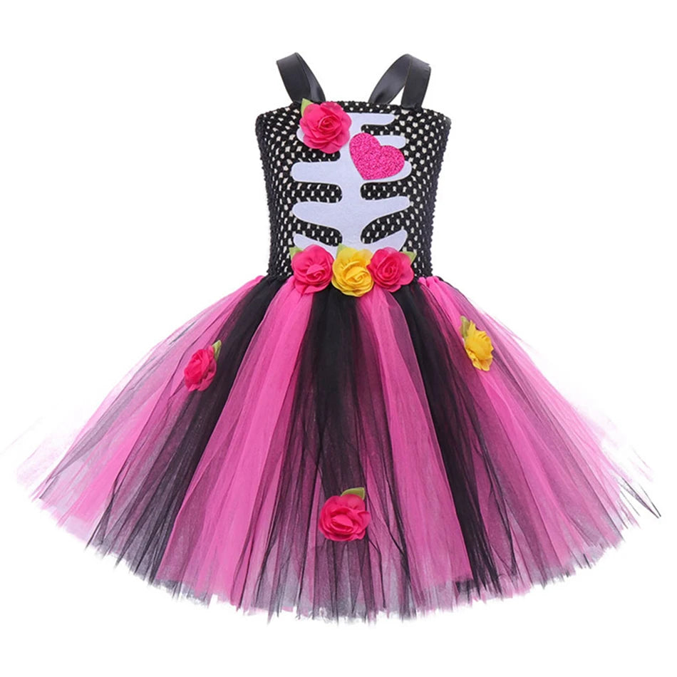 Girls Halloween Performance Outfit – Skull & Floral Tutu