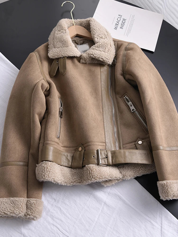 Women's Faux Shearling Suede Biker Jacket – Warm Winter Coat