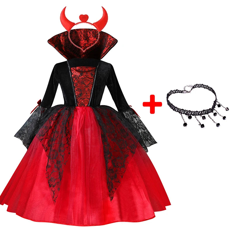 Girls Red & Black Vampire Costume – Halloween Gothic Party Dress