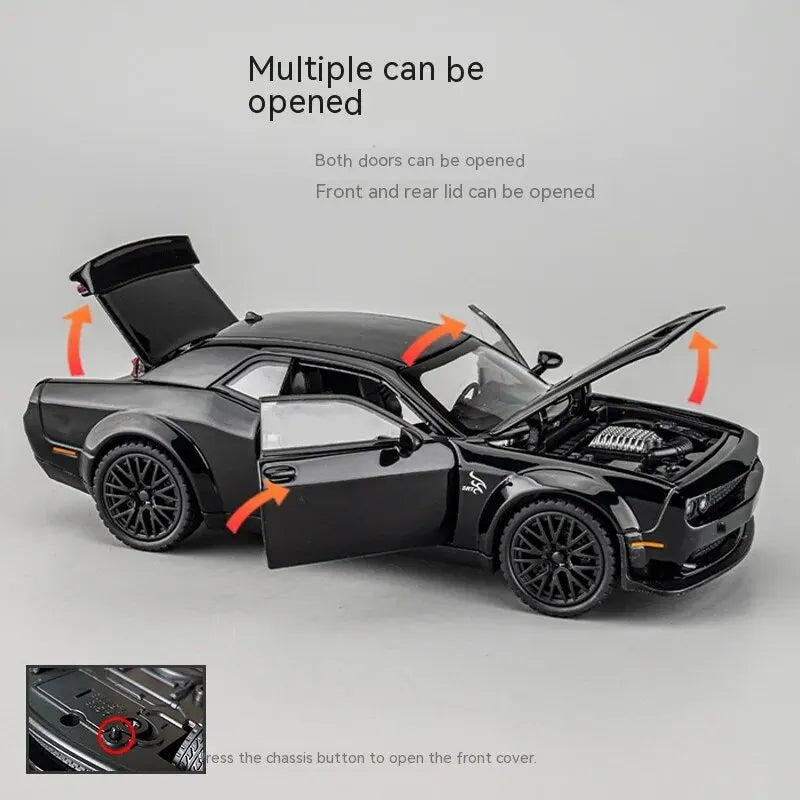 1:32 Dodge Challenger Hellcat Toy Car – Diecast Pull-Back Model with Sound & Light!