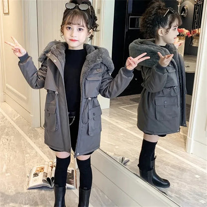 Teen Girls’ Winter Coat – Fur Collar Velvet Jacket with Hood