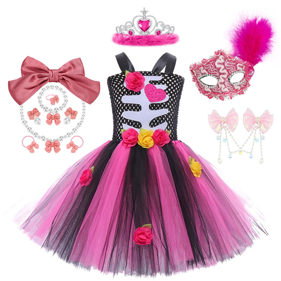 Girls Halloween Performance Outfit – Skull & Floral Tutu