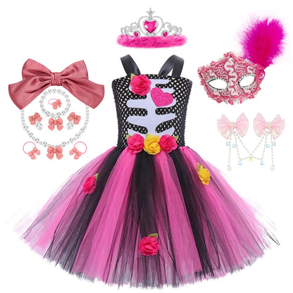 Girls Halloween Performance Outfit – Skull & Floral Tutu