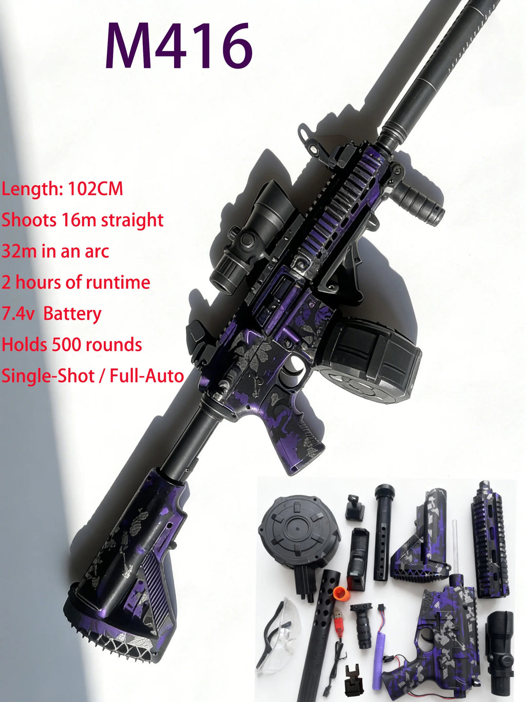 Ultra Shoppings M416 Gel Blaster Gun, full auto toy weapon with 16m shooting range, ideal for outdoor battlefield fun for men and teens.
