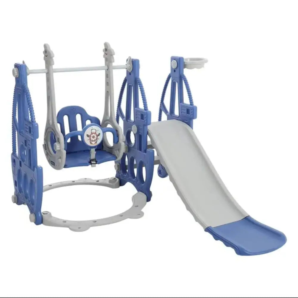 3-in-1 Kids Slide, Climber & Swing Set with Basketball Hoop – Blue Play Center!