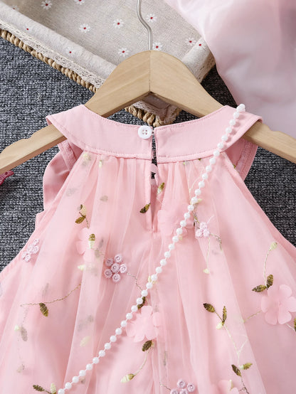 Girls' Summer Halter Dress with 3D Flowers & Bag