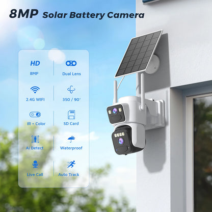 8MP Solar Security Camera | Dual Lens | WiFi | PIR Detection | Color Night Vision
