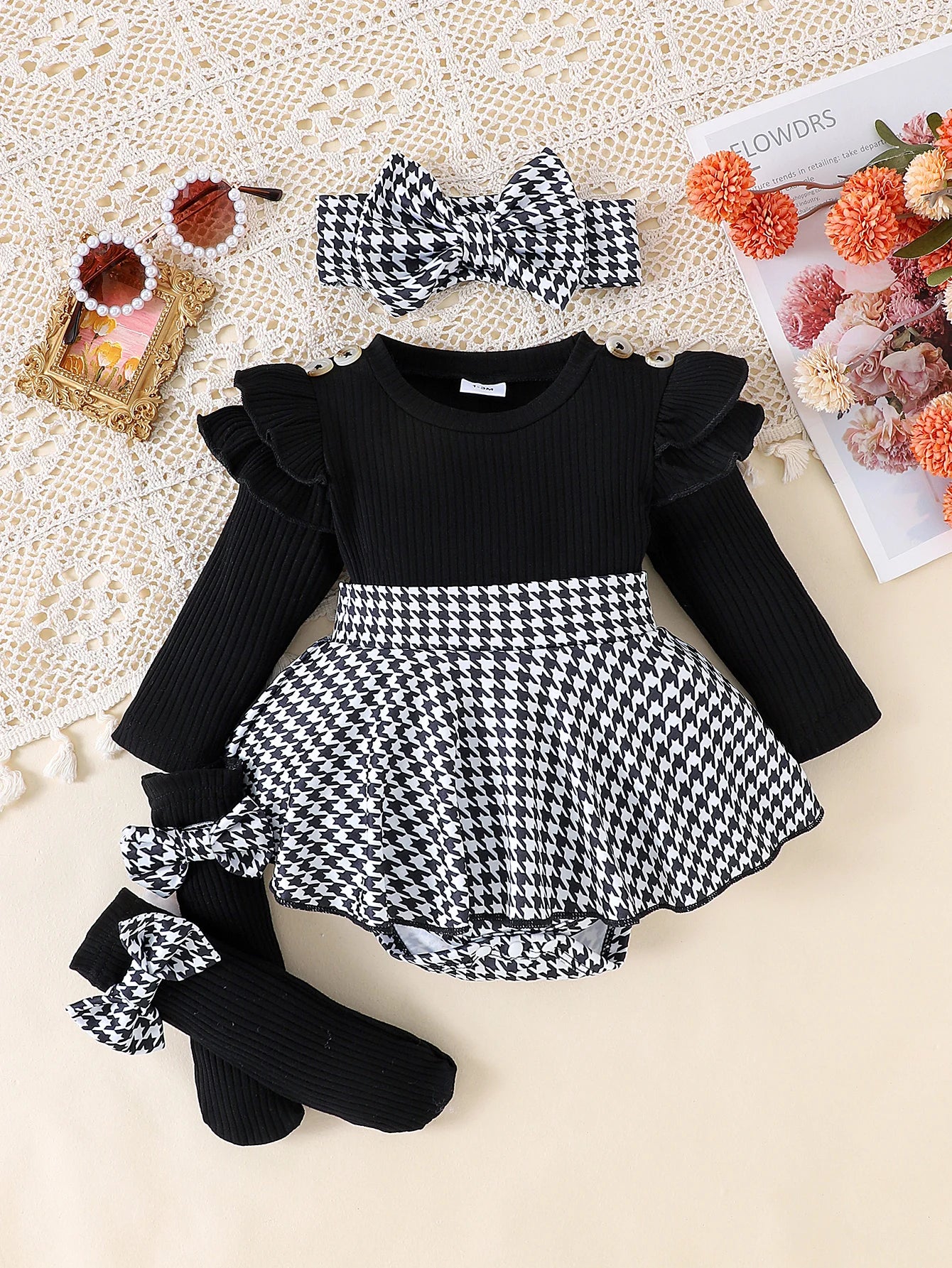 2PCS Autumn Set for Baby Girls – Black Top, Houndstooth Skirt & Hair Band