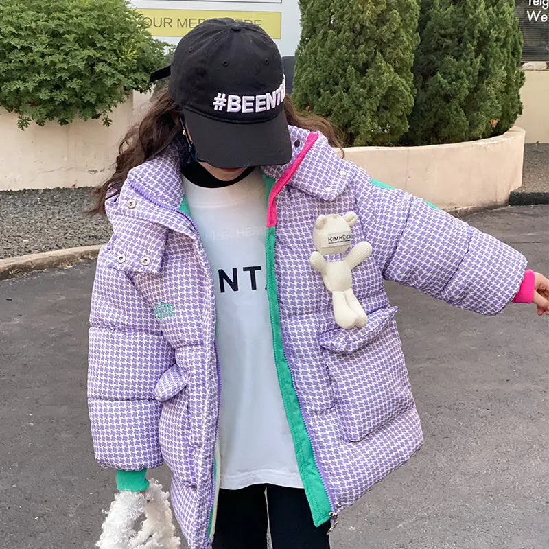 Warm Grid Design Jacket for Girls – Bonus Bear Toy 2025