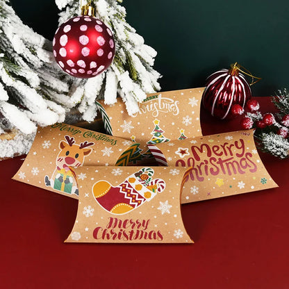 10pcs Christmas Pillow-Shaped Gift Boxes – Kraft Paper Candy & Cookie Packaging