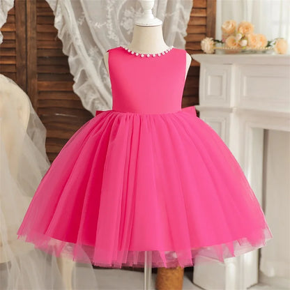 Kids Birthday Princess Dress with Bow & Pearls