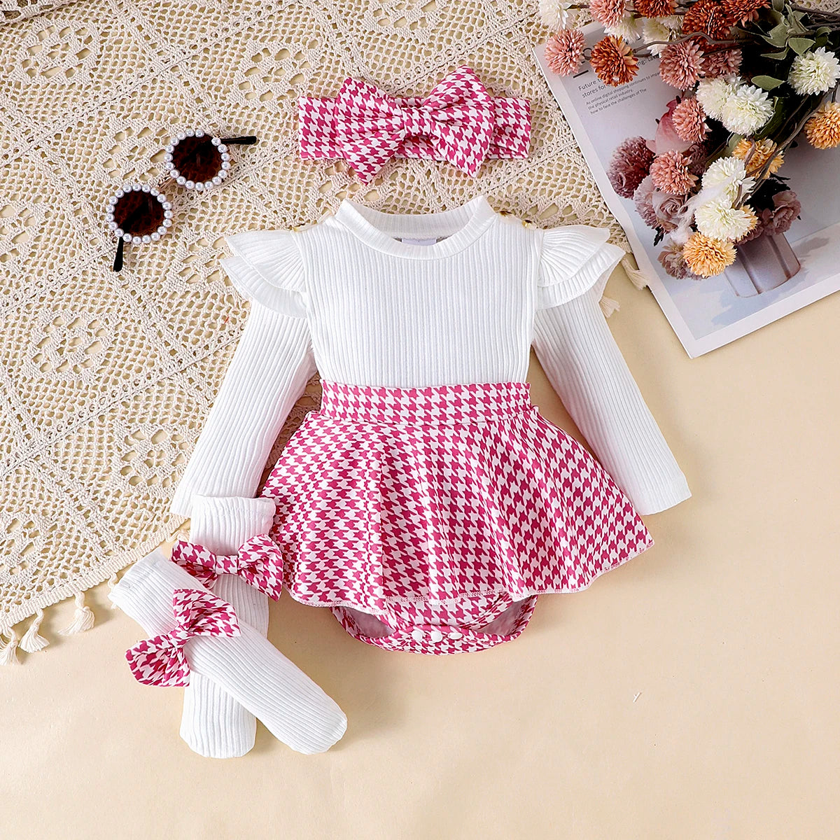 2PCS Autumn Set for Baby Girls – Black Top, Houndstooth Skirt & Hair Band