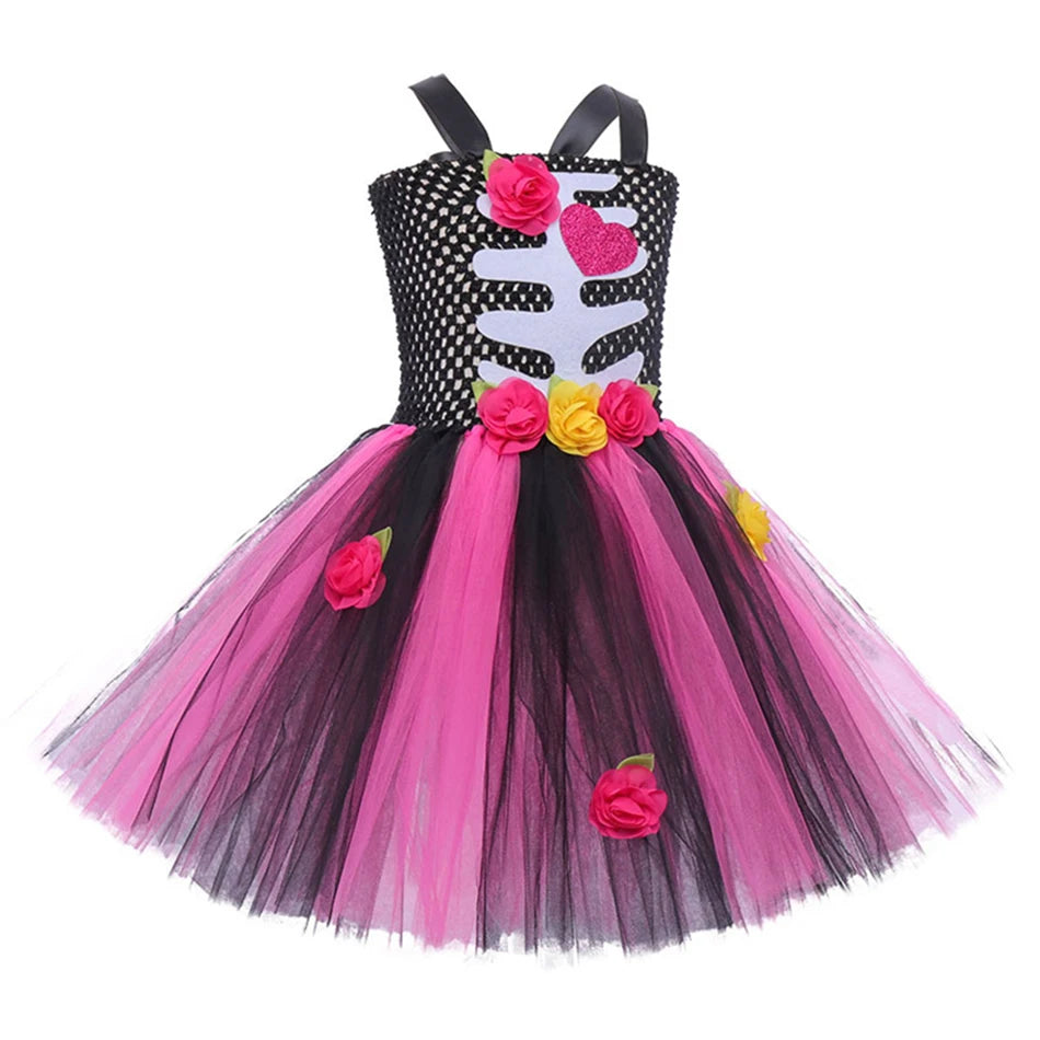 Girls Halloween Performance Outfit – Skull & Floral Tutu