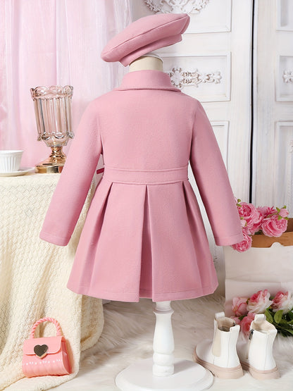 Girls' Autumn and Winter Warm Fashion Bow Double-Breasted Tweed Long Coat with Hat Accessory