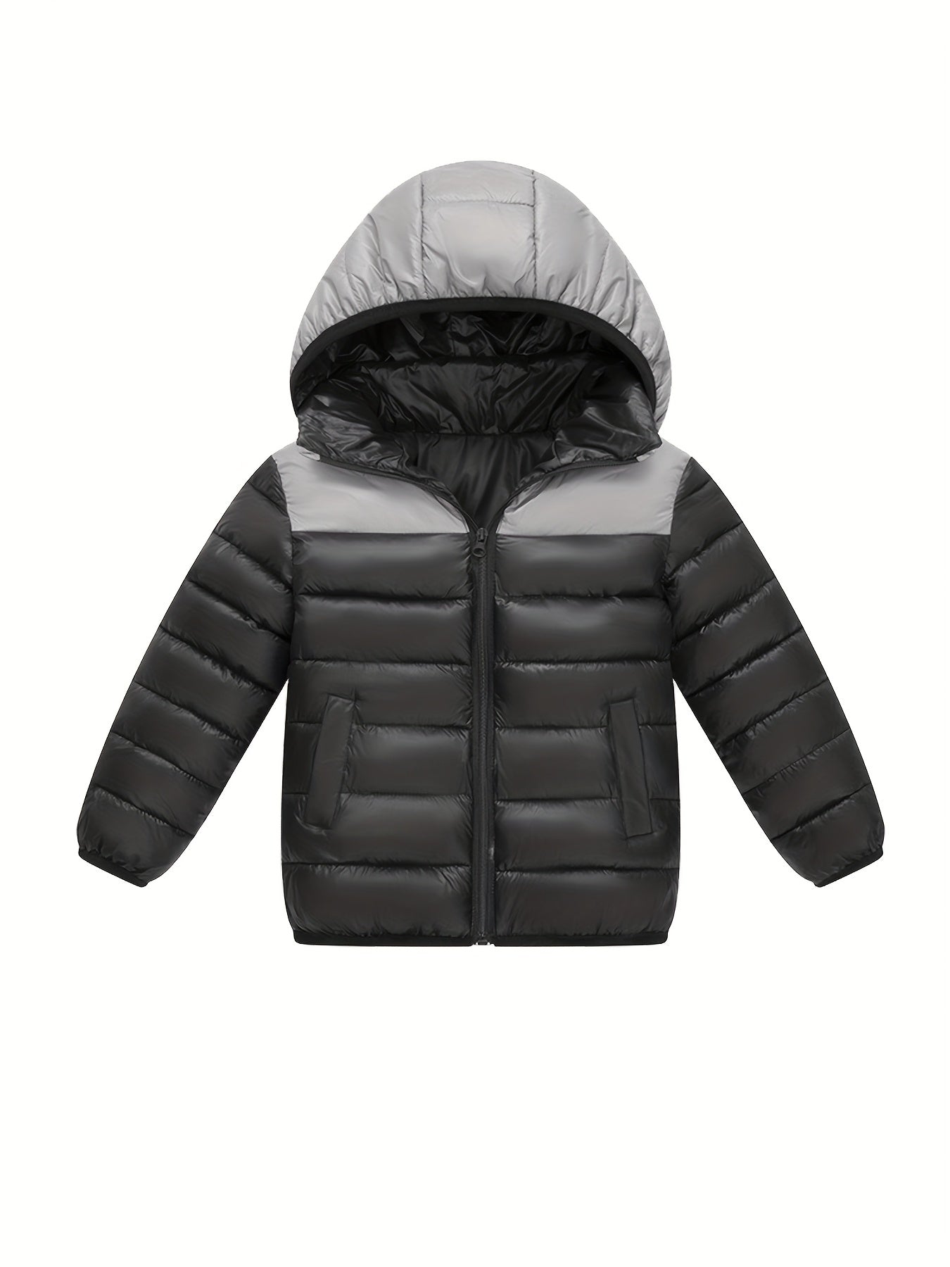 2025 New Lightweight Hooded Jacket – Black & Grey Color-Block, Polyester Lined Winter Coat