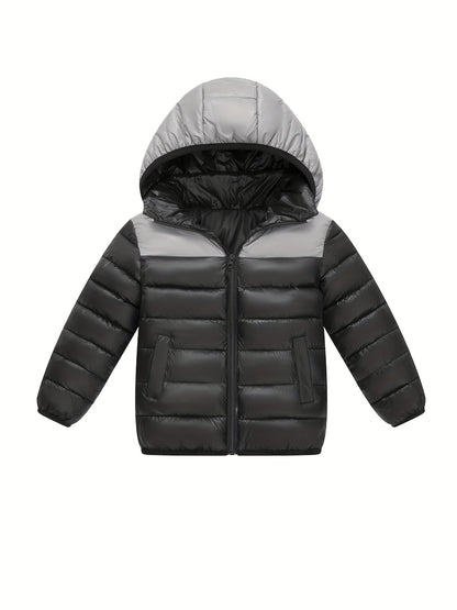 2025 New Lightweight Hooded Jacket – Black & Grey Color-Block, Polyester Lined Winter Coat