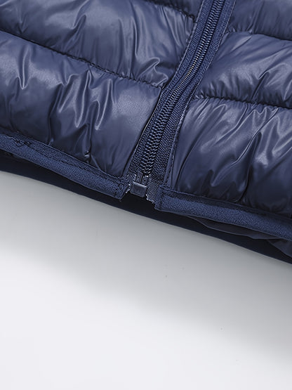 2025 New Lightweight Hooded Jacket – Black & Grey Color-Block, Polyester Lined Winter Coat