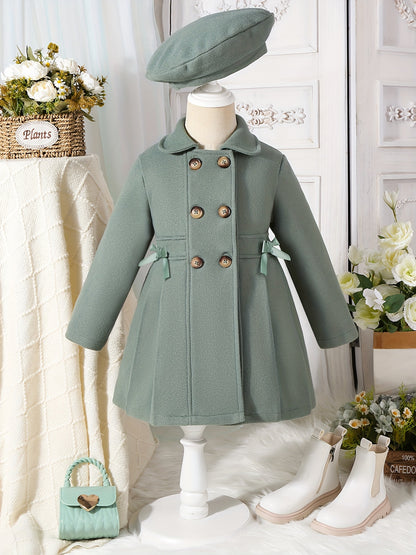 Girls' Autumn and Winter Warm Fashion Bow Double-Breasted Tweed Long Coat with Hat Accessory