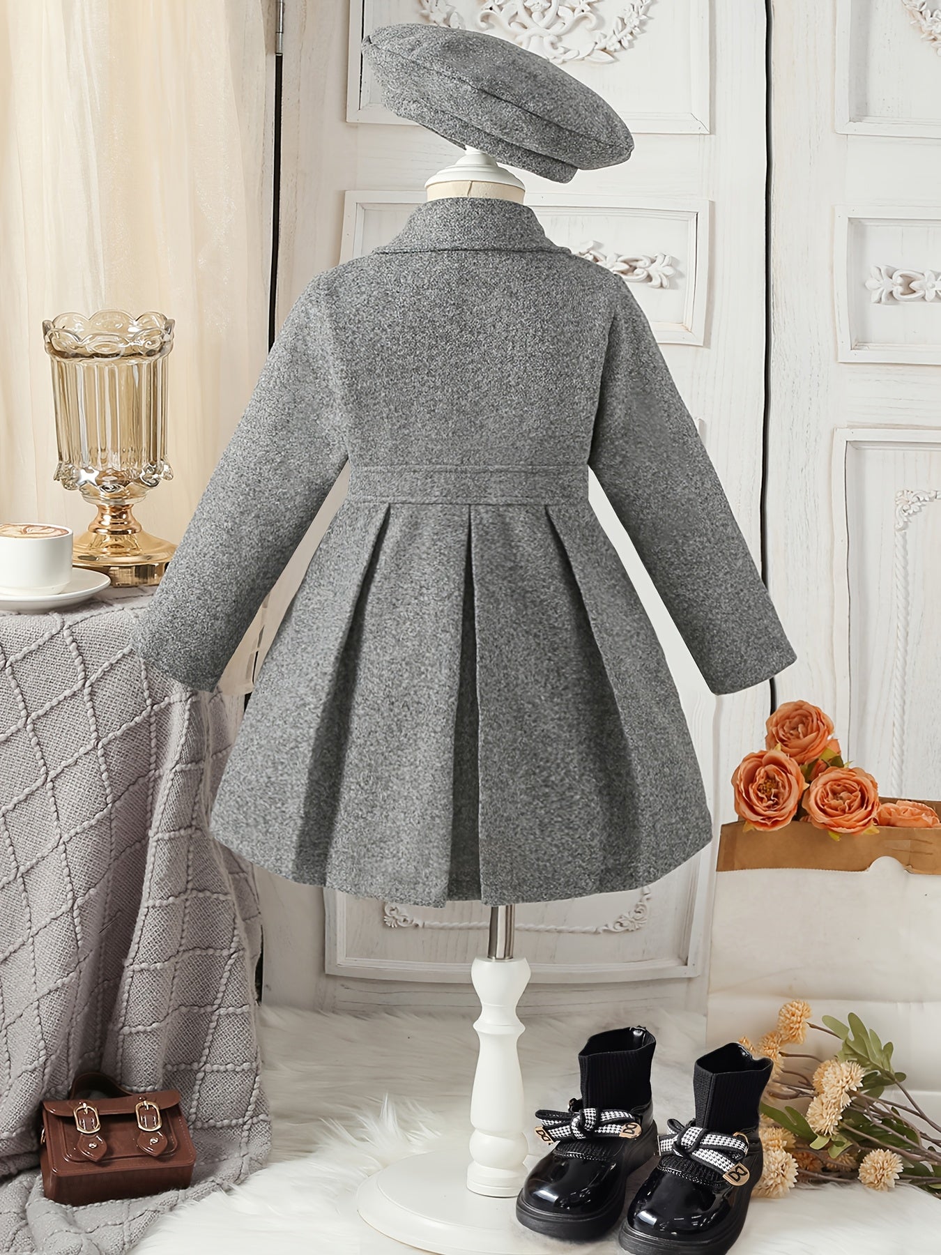 Girls' Autumn and Winter Warm Fashion Bow Double-Breasted Tweed Long Coat with Hat Accessory