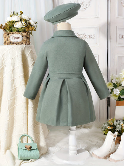 Girls' Autumn and Winter Warm Fashion Bow Double-Breasted Tweed Long Coat with Hat Accessory