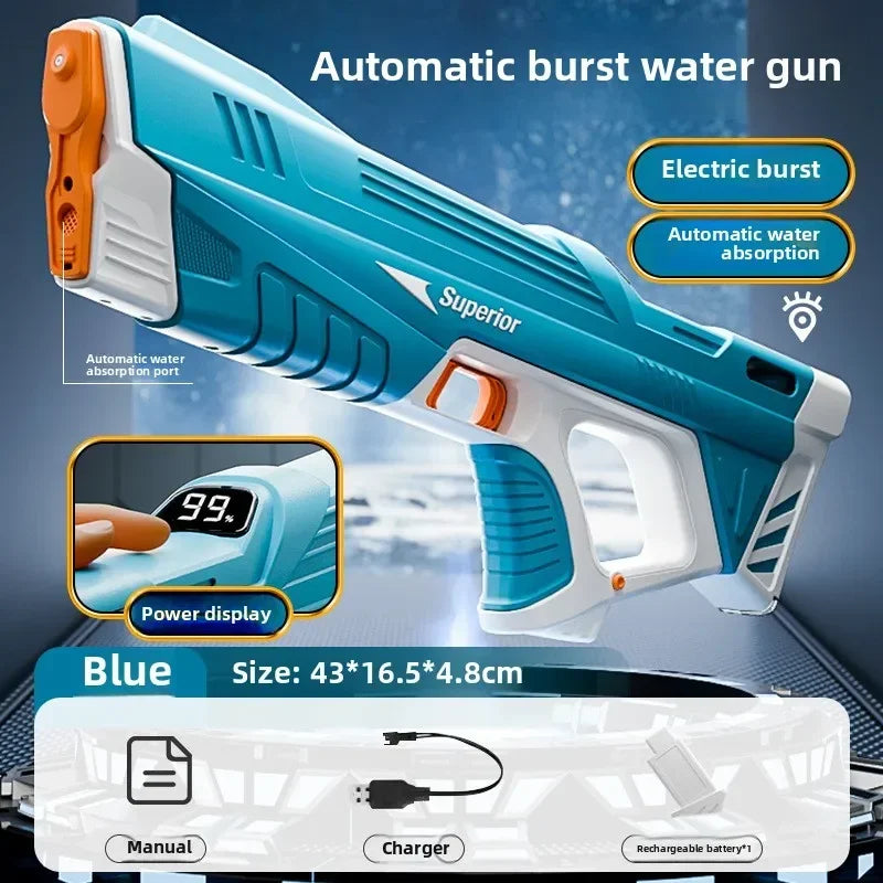 Blue electric water gun for adults and kids with smart battery display, high-capacity burst, and self-filling water blaster by Ultra Shoppings.