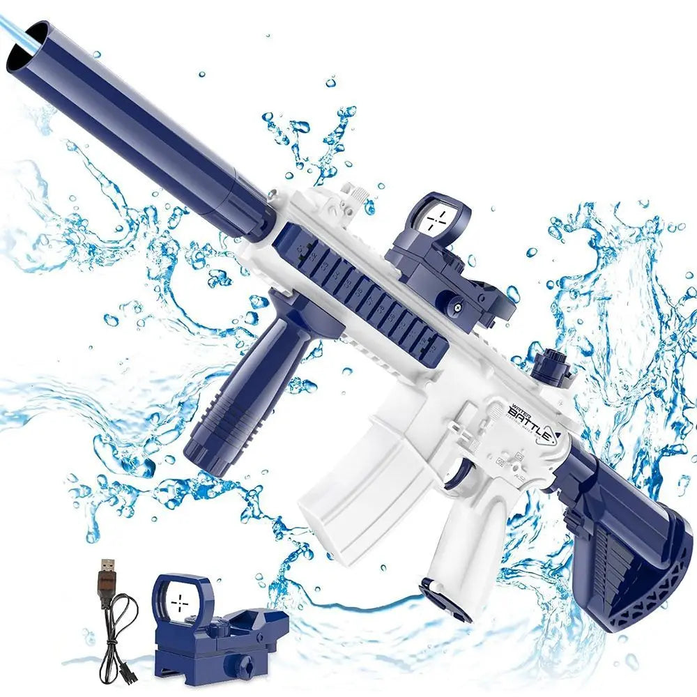 Ultra Shoppings M416 Pro Electric Water Blaster, high-powered automatic squirt gun with universal bottle connector, shown in use.