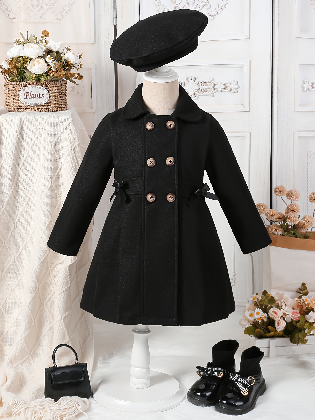 Girls' Autumn and Winter Warm Fashion Bow Double-Breasted Tweed Long Coat with Hat Accessory