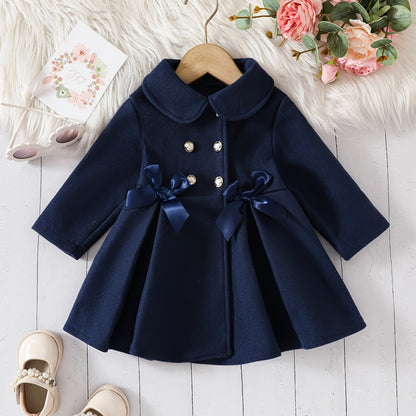 Charming Girls’ Coat – Bow Detail, Double-Breasted, Long Sleeve, Perfect for Fall & Winter