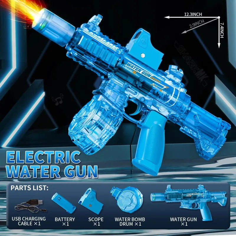 Blue M416 Stealth-Fire electric water blaster with LED muzzle flash and high-capacity automatic burst from Ultra Shoppings.