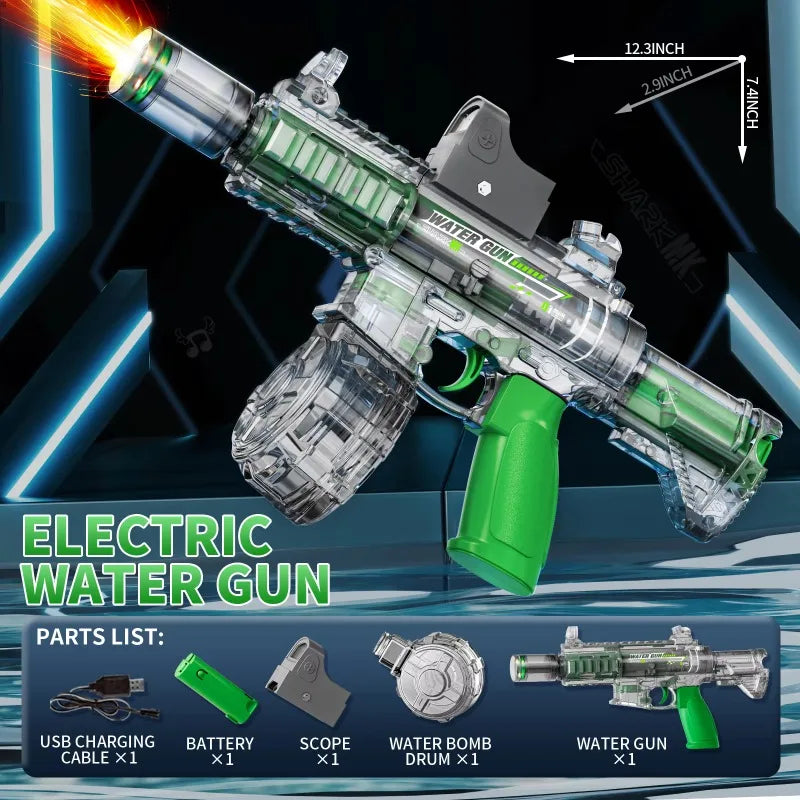 Green Ultra Shoppings M416 Stealth-Fire Electric Water Blaster with LED muzzle flash and high-capacity automatic burst, toy water gun.