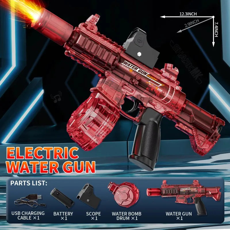 Red M416 Stealth-Fire electric water blaster with LED muzzle flash, high-capacity automatic burst, designed for kids' outdoor water play.