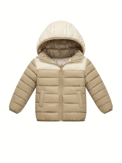 2025 New Lightweight Hooded Jacket – Black & Grey Color-Block, Polyester Lined Winter Coat