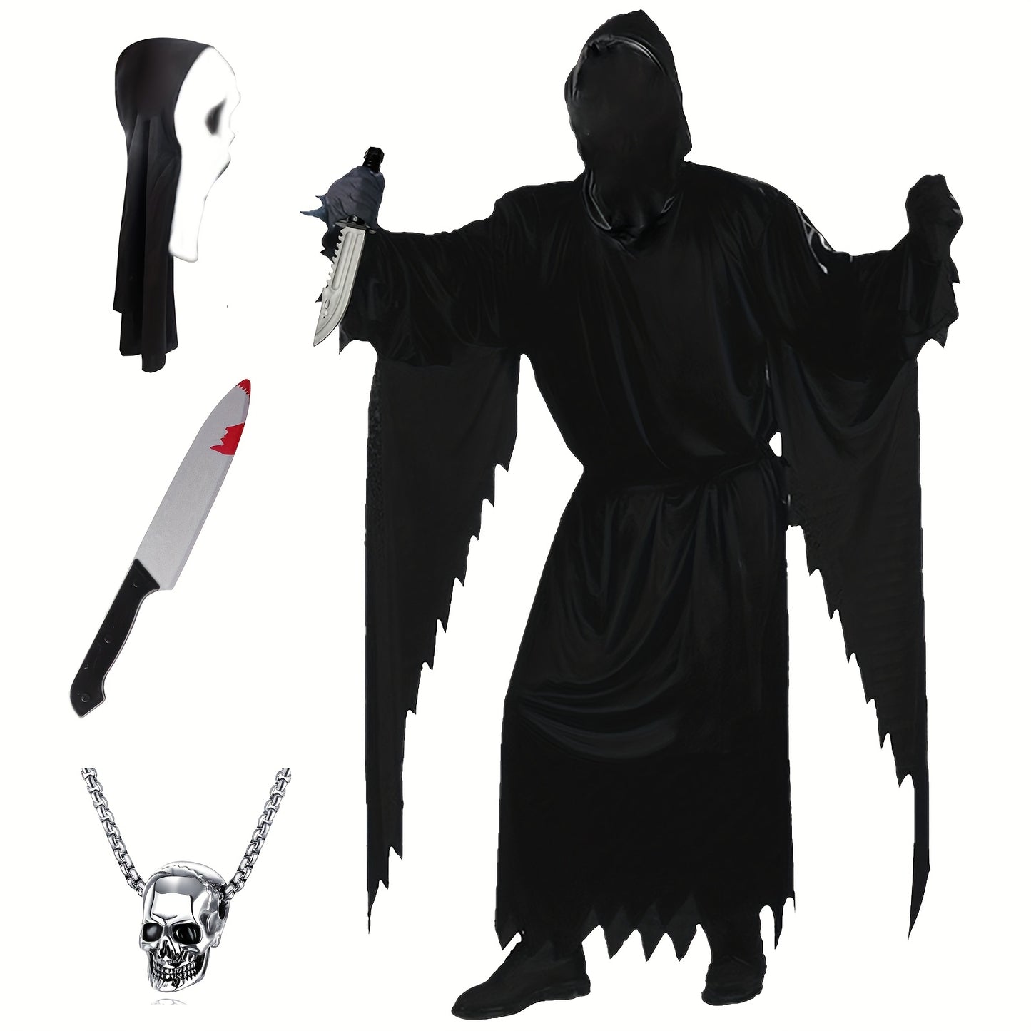 Men’s Scream Costume Set – 4pcs Grim Reaper Halloween Outfit with Mask