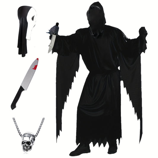 Men’s Scream Costume Set – 4pcs Grim Reaper Halloween Outfit with Mask
