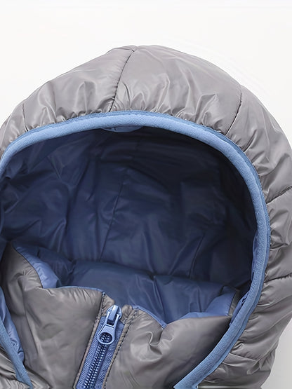 2025 New Lightweight Hooded Jacket – Black & Grey Color-Block, Polyester Lined Winter Coat