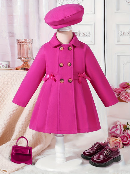 Girls' Autumn and Winter Warm Fashion Bow Double-Breasted Tweed Long Coat with Hat Accessory