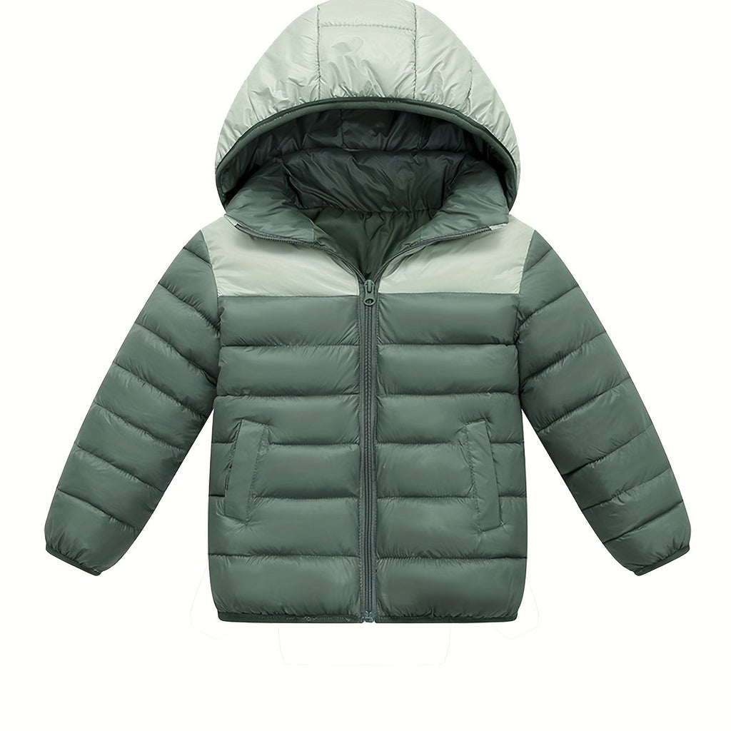 2025 New Lightweight Hooded Jacket – Black & Grey Color-Block, Polyester Lined Winter Coat