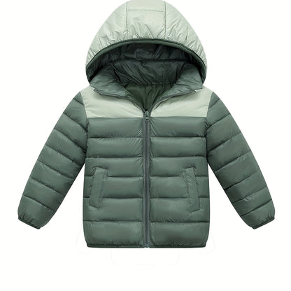 2025 New Lightweight Hooded Jacket – Black & Grey Color-Block, Polyester Lined Winter Coat
