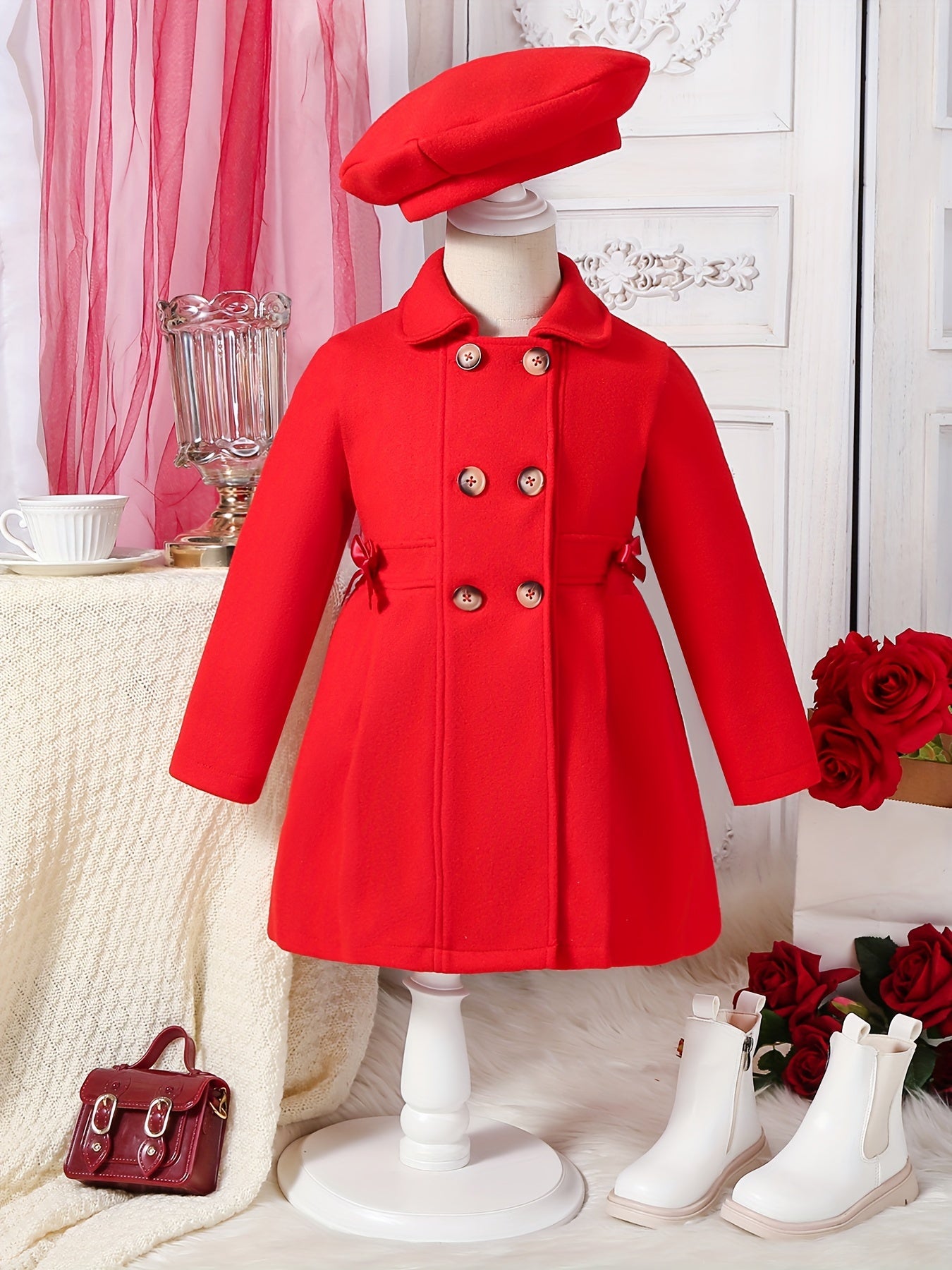 Girls' Autumn and Winter Warm Fashion Bow Double-Breasted Tweed Long Coat with Hat Accessory