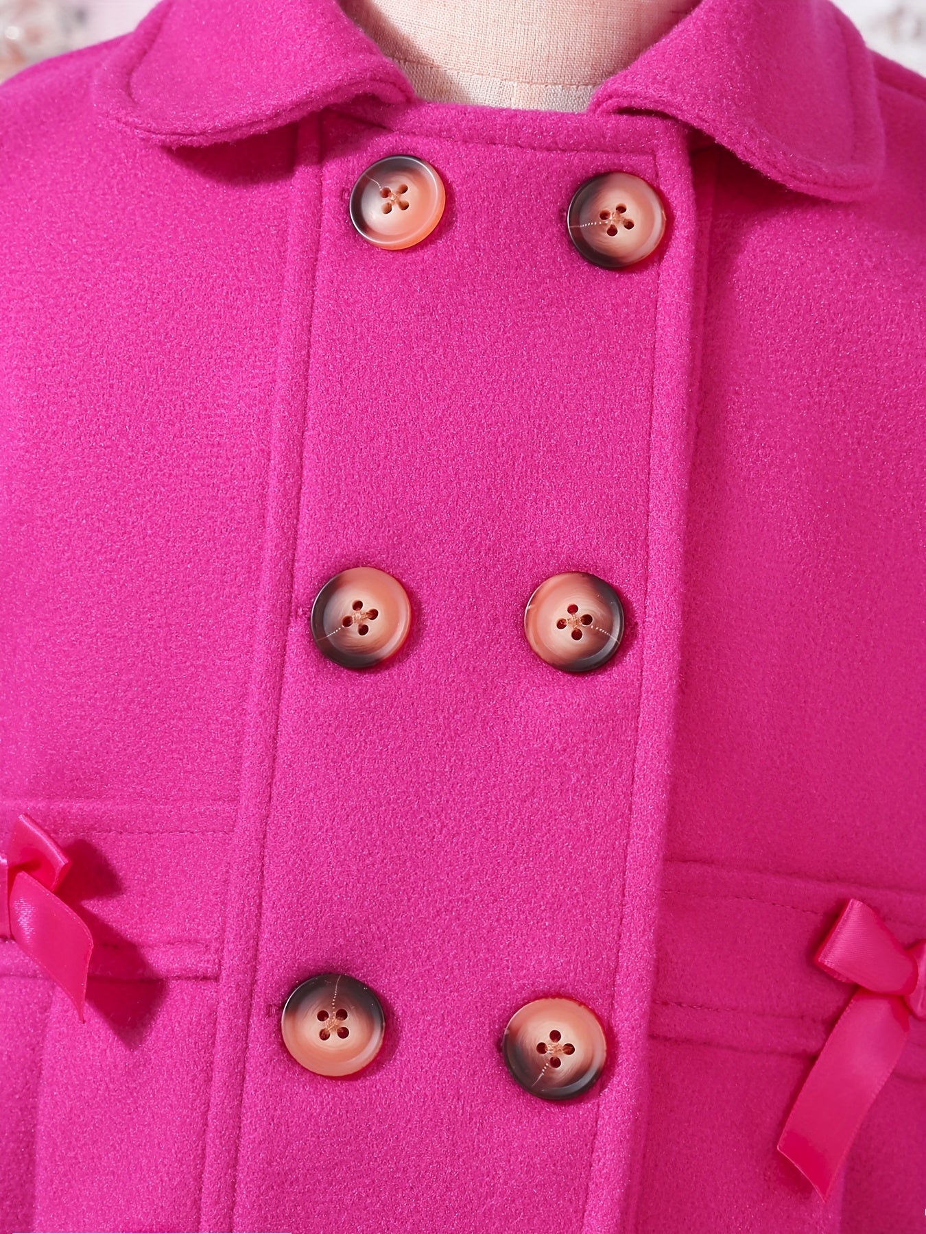 Girls' Autumn and Winter Warm Fashion Bow Double-Breasted Tweed Long Coat with Hat Accessory