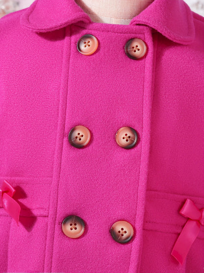 Girls' Autumn and Winter Warm Fashion Bow Double-Breasted Tweed Long Coat with Hat Accessory