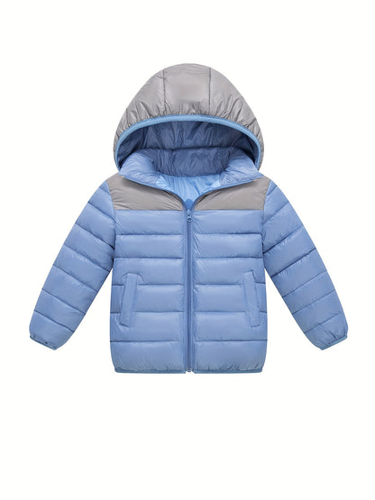 2025 New Lightweight Hooded Jacket – Black & Grey Color-Block, Polyester Lined Winter Coat