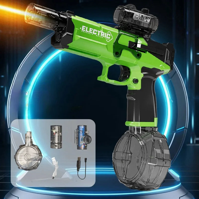 Ultra Shoppings Shadow-Strike M4 electric water cannon with LED fire simulation and large drum reservoir, summer 2026 edition, in green.