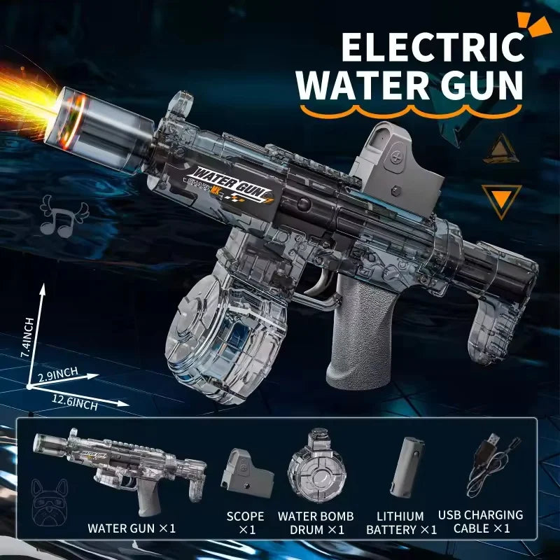 Gray MP5-style electric water blaster with LED muzzle flash, high-capacity automatic burst, designed for stealth-firing action.