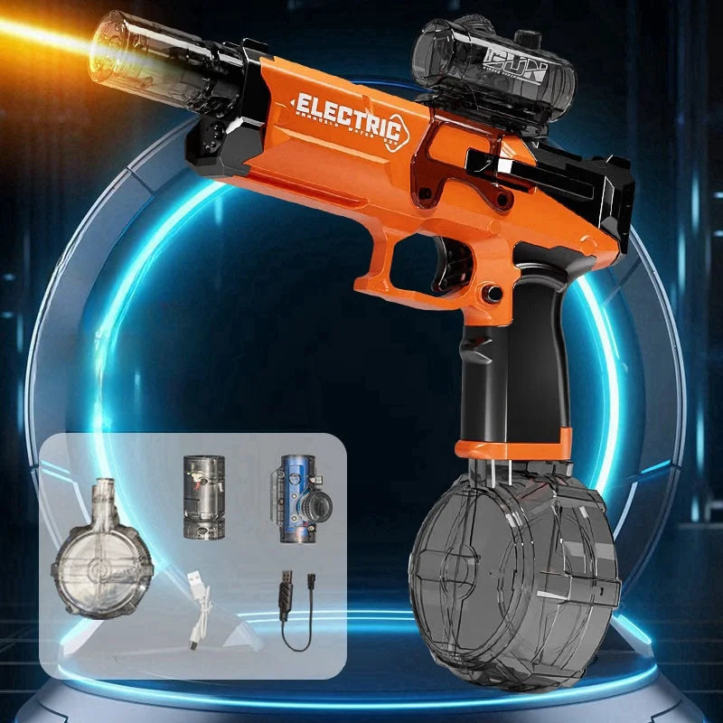 Orange Shadow-Strike M4 electric water cannon by Ultra Shoppings with LED fire effects and large drum reservoir for summer fun.