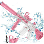 Pink Ultra Shoppings M416 Pro Electric Water Blaster with universal bottle connector, high-powered automatic squirt gun for outdoor fun.