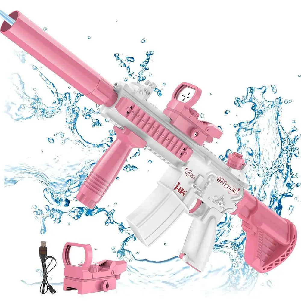 Pink Ultra Shoppings M416 Pro Electric Water Blaster with universal bottle connector, high-powered automatic squirt gun for outdoor fun.