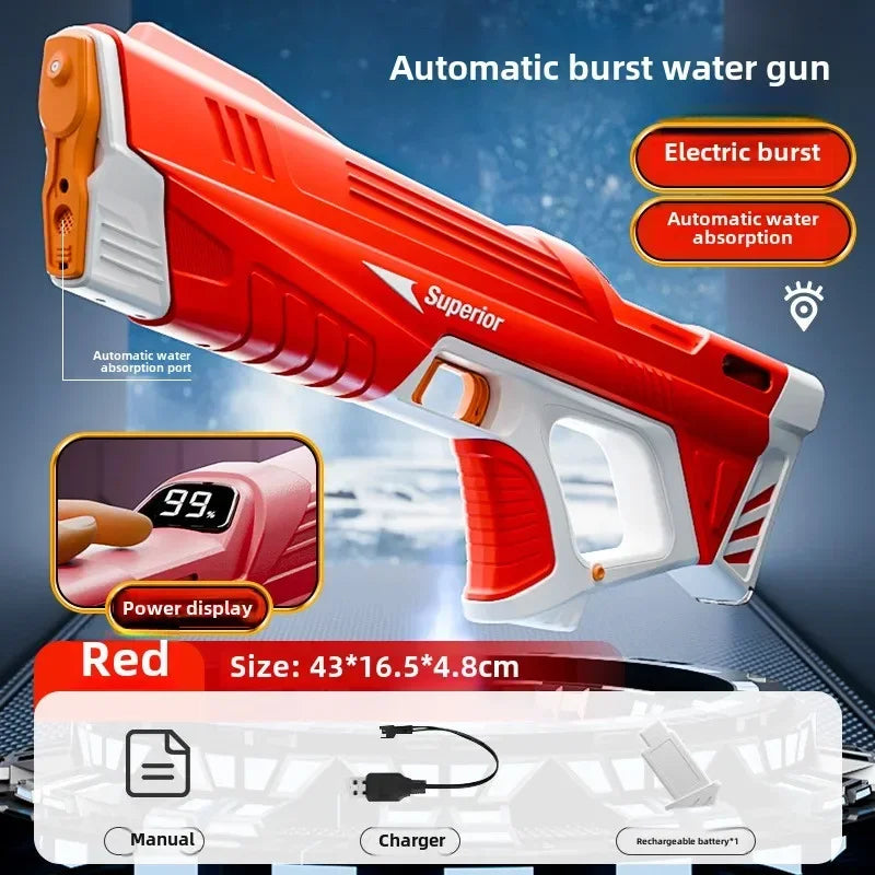 Red electric water gun for adults and kids with smart battery display, high-capacity burst, and self-filling water blaster from Ultra Shoppings.